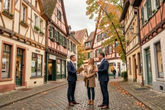 Vue de rue alsacienne avec des agences immobilières dans le Haut-Rhin, agents en discussion avec des clients devant des bâtiments à colombages colorés