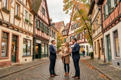 Vue de rue alsacienne avec des agences immobilières dans le Haut-Rhin, agents en discussion avec des clients devant des bâtiments à colombages colorés