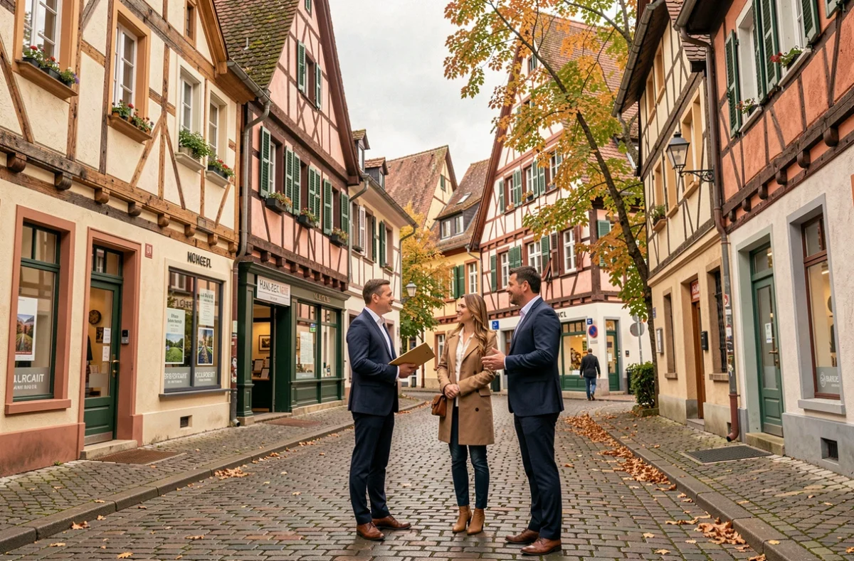 Vue de rue alsacienne avec des agences immobilières dans le Haut-Rhin, agents en discussion avec des clients devant des bâtiments à colombages colorés