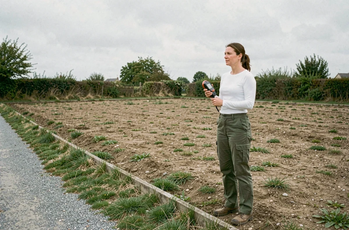 Femme mesurant un terrain de 1500 m² à la roue metric en milieu semi-rural, référence visuelle pour comprendre ce que représente 15 ares en m²