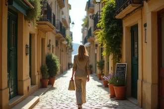 Ruelle pavée d'un micro-quartier chic et confidentiel de Marseille avec façades calcaires et balcons en fer forgé
