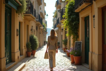 Ruelle pavée d'un micro-quartier chic et confidentiel de Marseille avec façades calcaires et balcons en fer forgé