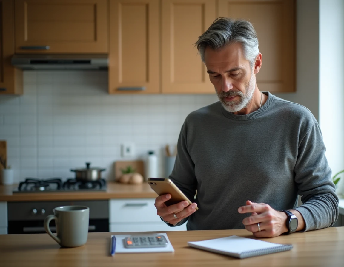 Homme consultant son compte CAF sur smartphone pour corriger une déclaration de loyer erronée
