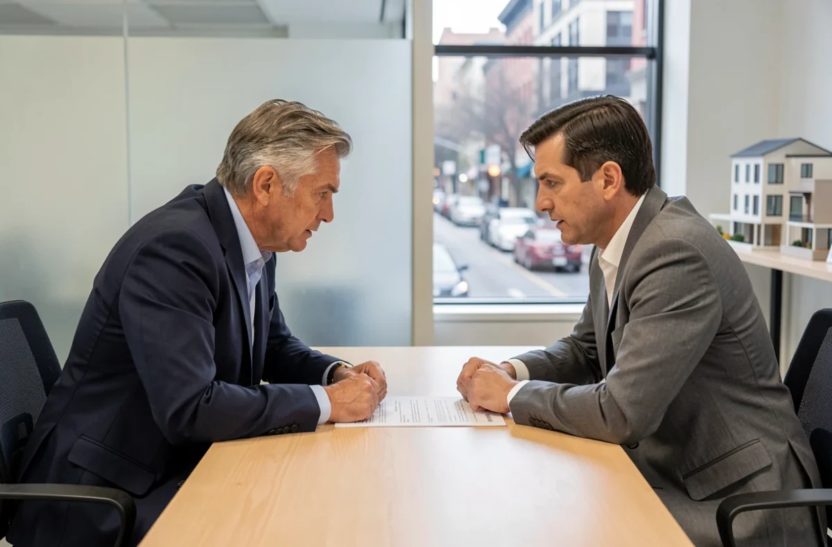 Négociation amiable entre vendeur et représentant de l'acheteur dans une agence immobilière autour d'un contrat de vente litigieux