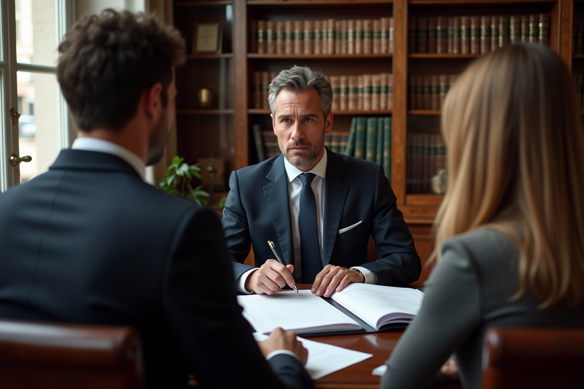 Notaire expliquant des options juridiques à un jeune couple