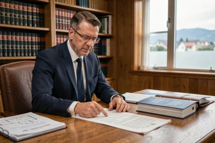 Notaire examinant des documents juridiques liés à une propriété immobilière avec vue sur la mer