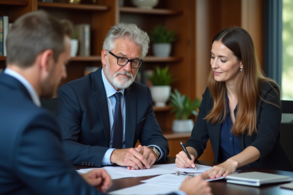 Notaire professionnel explique documents à un couple dans un bureau moderne