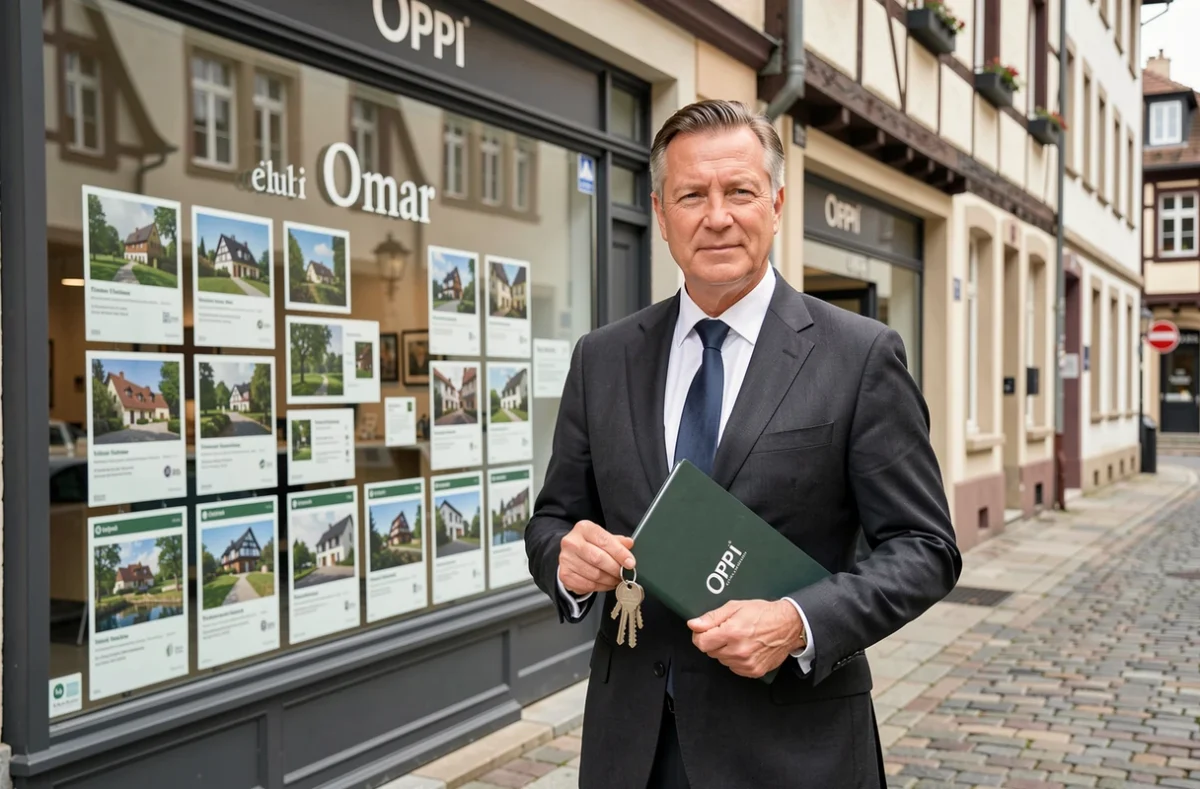 Agent d'Orpi Baumann Immo à Colmar en costume sombre tenant des clés devant la vitrine de l'agence avec des annonces immobilières exposées