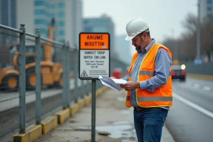 Ouvrier de chantier avec panneau d information sur site