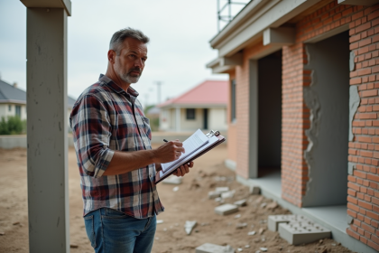 Constructeur homme en extérieur examine des briques endommagées