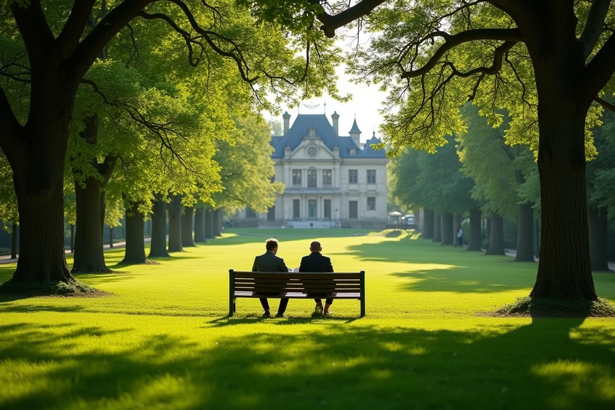 Parc verdoyant de Maisons-Laffitte avec château en arrière-plan et habitants se reposant sur un banc