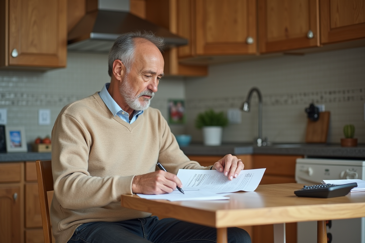 Particulier examine une facture de notaire dans sa cuisine chaleureuse