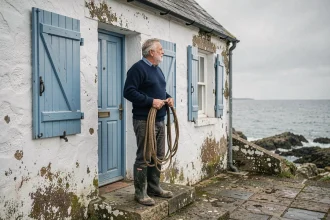 Pêcheur breton devant sa petite maison de bord de mer à vendre en Bretagne avec vue sur l'océan