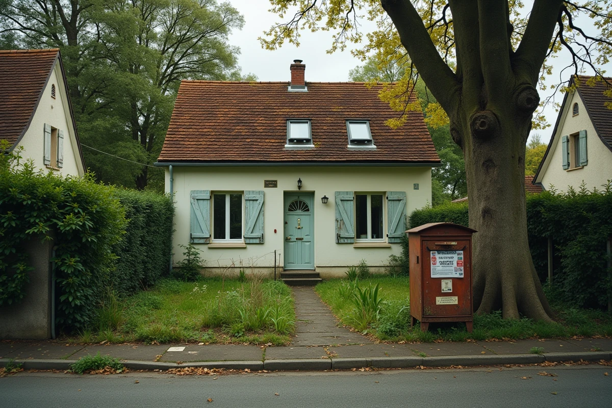 Petite maison avec jardin à louer affichant un panneau À Louer dans une rue résidentielle française