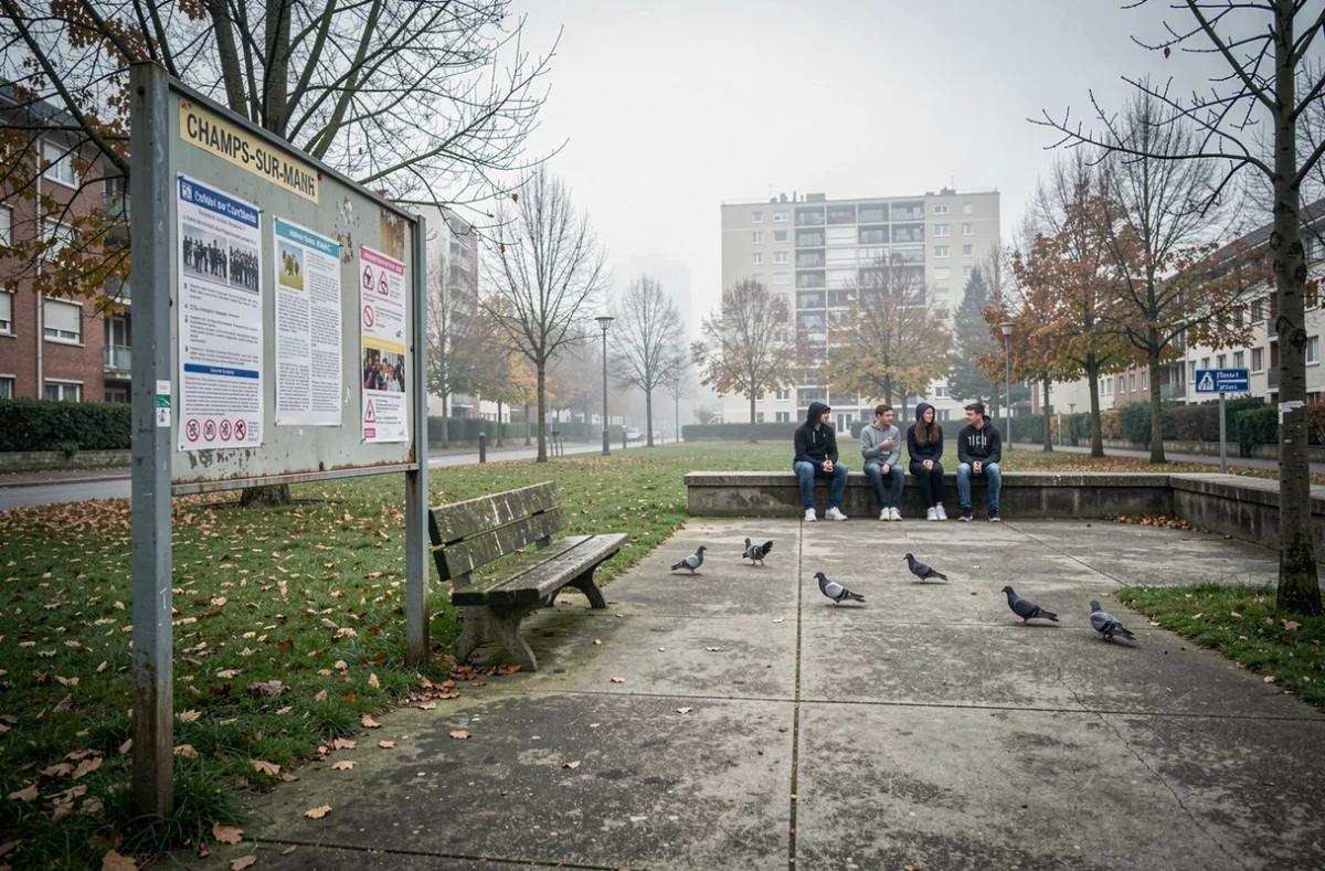 Place publique d'un quartier périphérique français avec adolescents et tableau d'affichage municipal