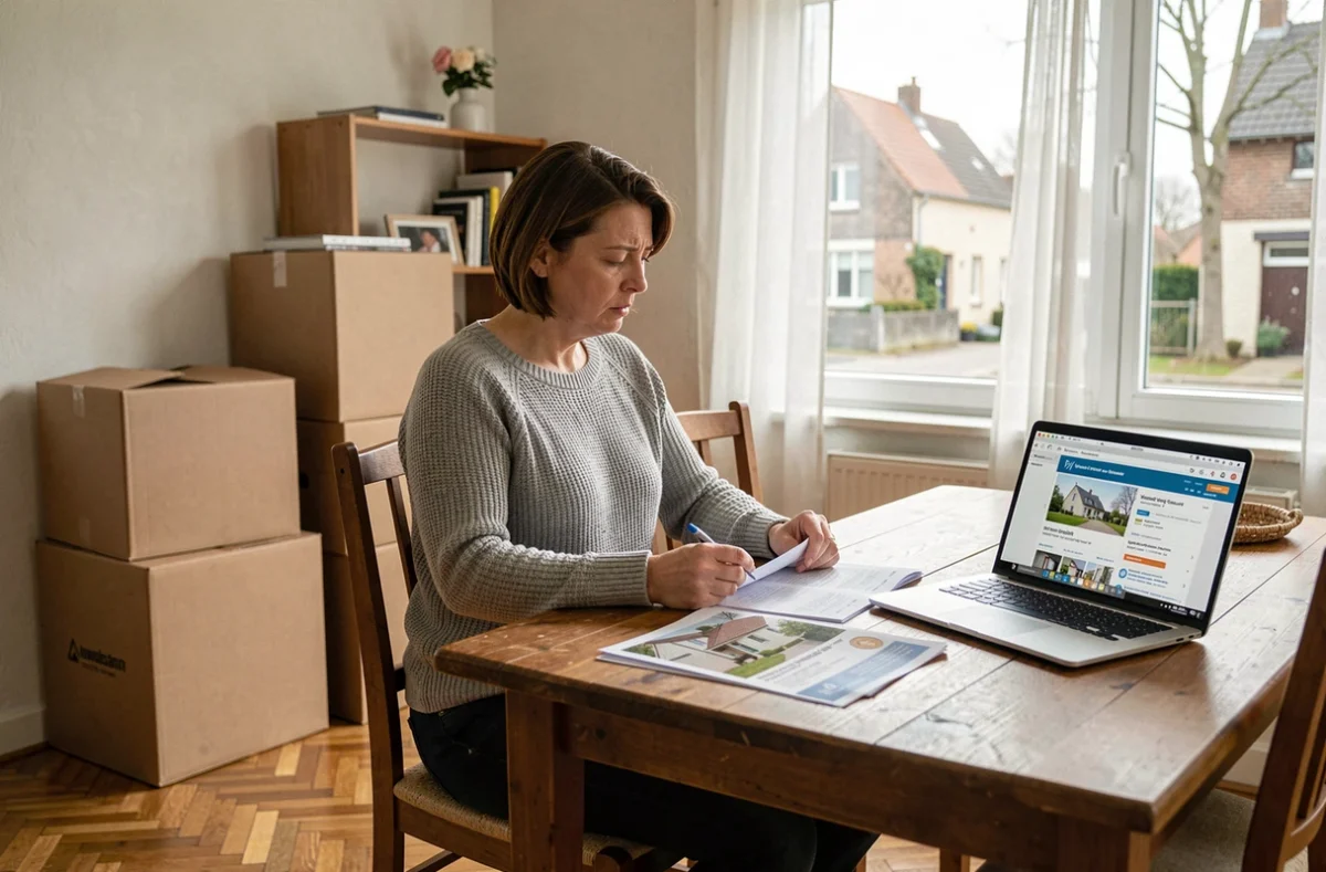 Femme consultant des documents immobiliers dans un salon à vider avant une vente urgente pour divorce