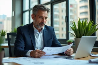 Professionnel de l'immobilier analysant des documents de rendement locatif dans un bureau moderne