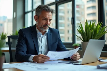 Professionnel de l'immobilier analysant des documents de rendement locatif dans un bureau moderne