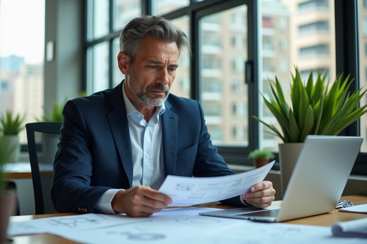 Professionnel de l'immobilier analysant des documents de rendement locatif dans un bureau moderne