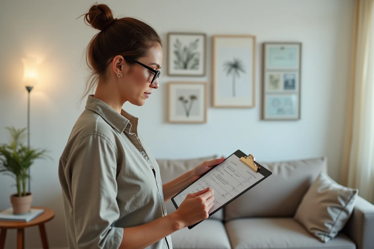 Propriétaire vérifiant la liste de mobilier obligatoire dans un appartement meublé prêt à la location