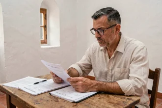 Propriétaire marocain vérifiant un contrat de location longue durée dans un riad d'Essaouira