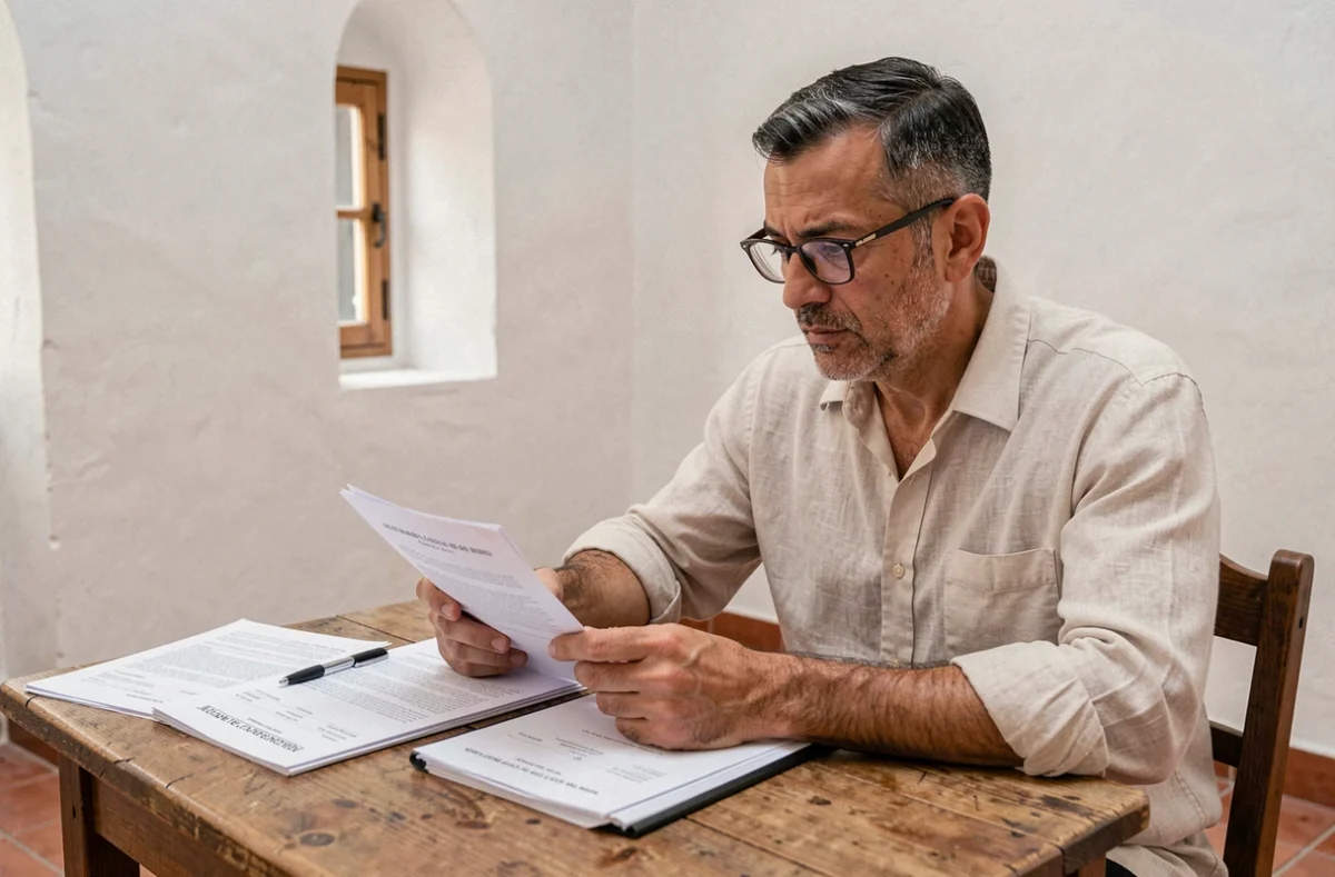 Propriétaire marocain vérifiant un contrat de location longue durée dans un riad d'Essaouira