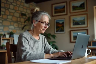 Propriétaire de gîte frustrée devant son ordinateur portable dans un bureau rustique en pierre