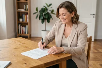 Propriétaire satisfaite signant un contrat immobilier avec PROX'IMMO à son domicile