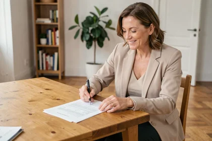 Propriétaire satisfaite signant un contrat immobilier avec PROX'IMMO à son domicile