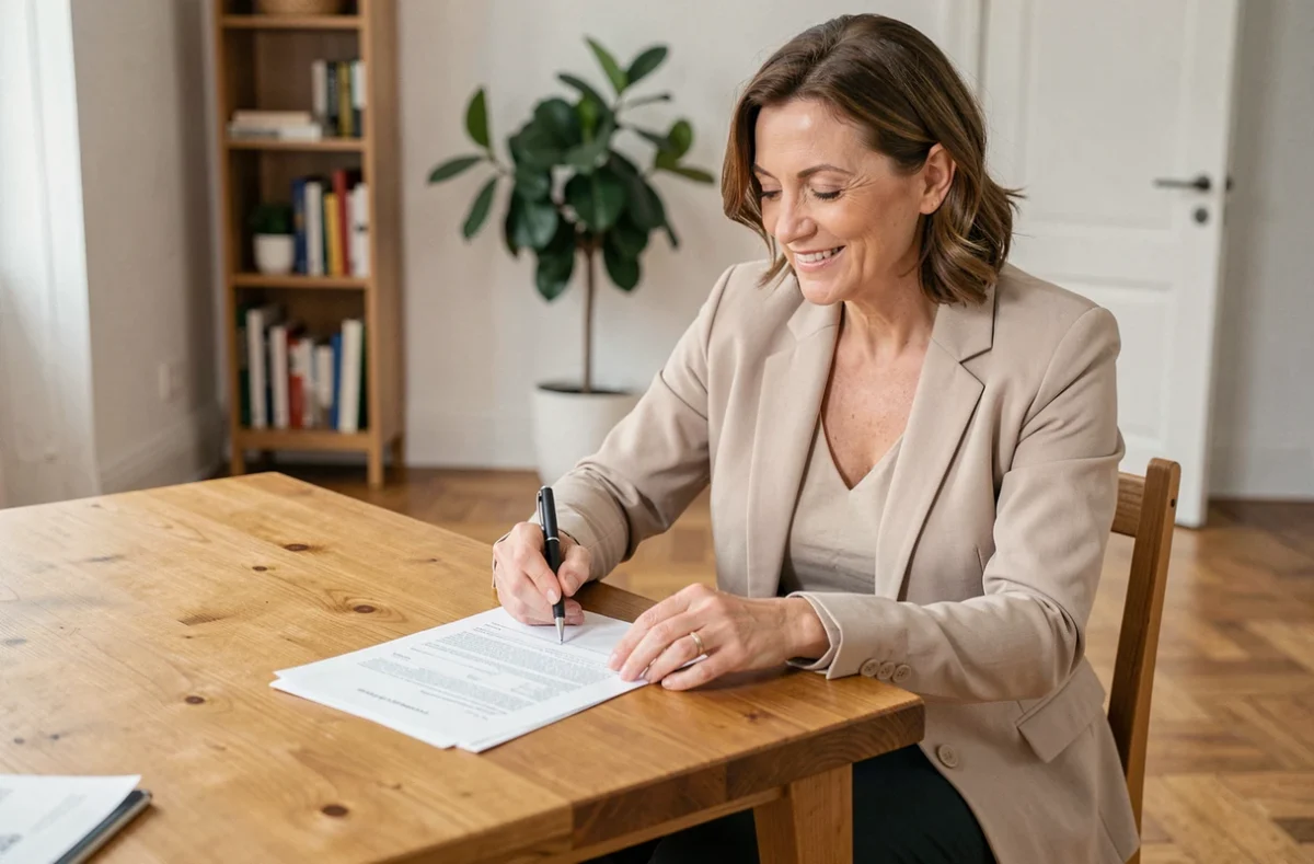 Propriétaire satisfaite signant un contrat immobilier avec PROX'IMMO à son domicile