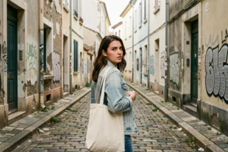 Jeune femme marchant avec prudence dans un quartier dégradé de La Rochelle avec des bâtiments en mauvais état