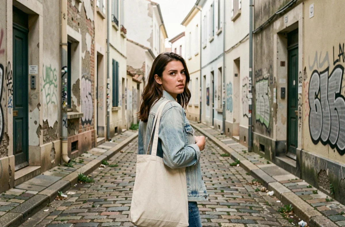 Jeune femme marchant avec prudence dans un quartier dégradé de La Rochelle avec des bâtiments en mauvais état