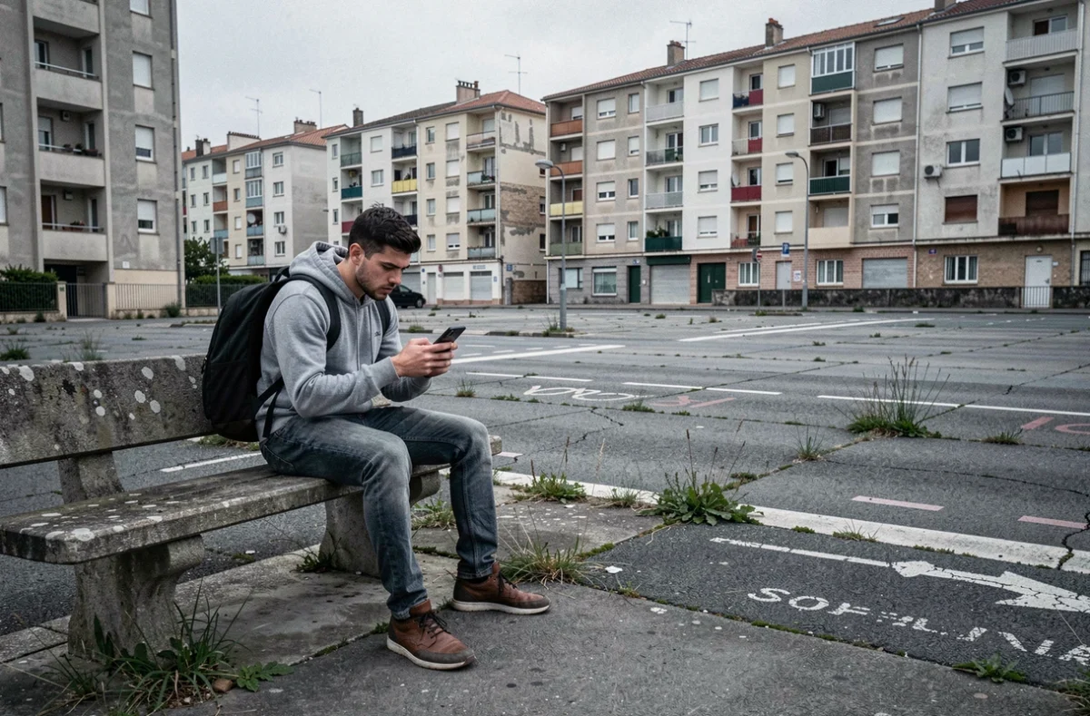 Jeune homme assis dans une place publique dégradée d'un quartier périphérique de La Rochelle avec des immeubles vétustes