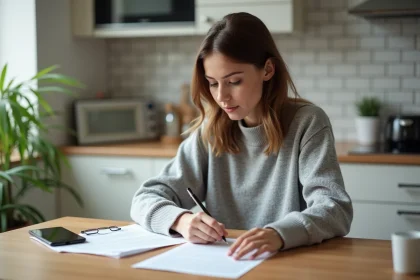 Femme rédigeant une lettre de préavis de départ d'appartement à table dans une cuisine moderne