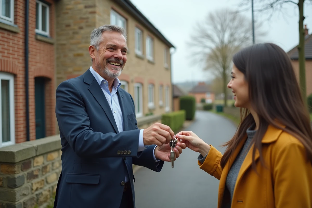 Agent immobilier remettant les clés d'une maison en location à une nouvelle locataire en Seine-Maritime