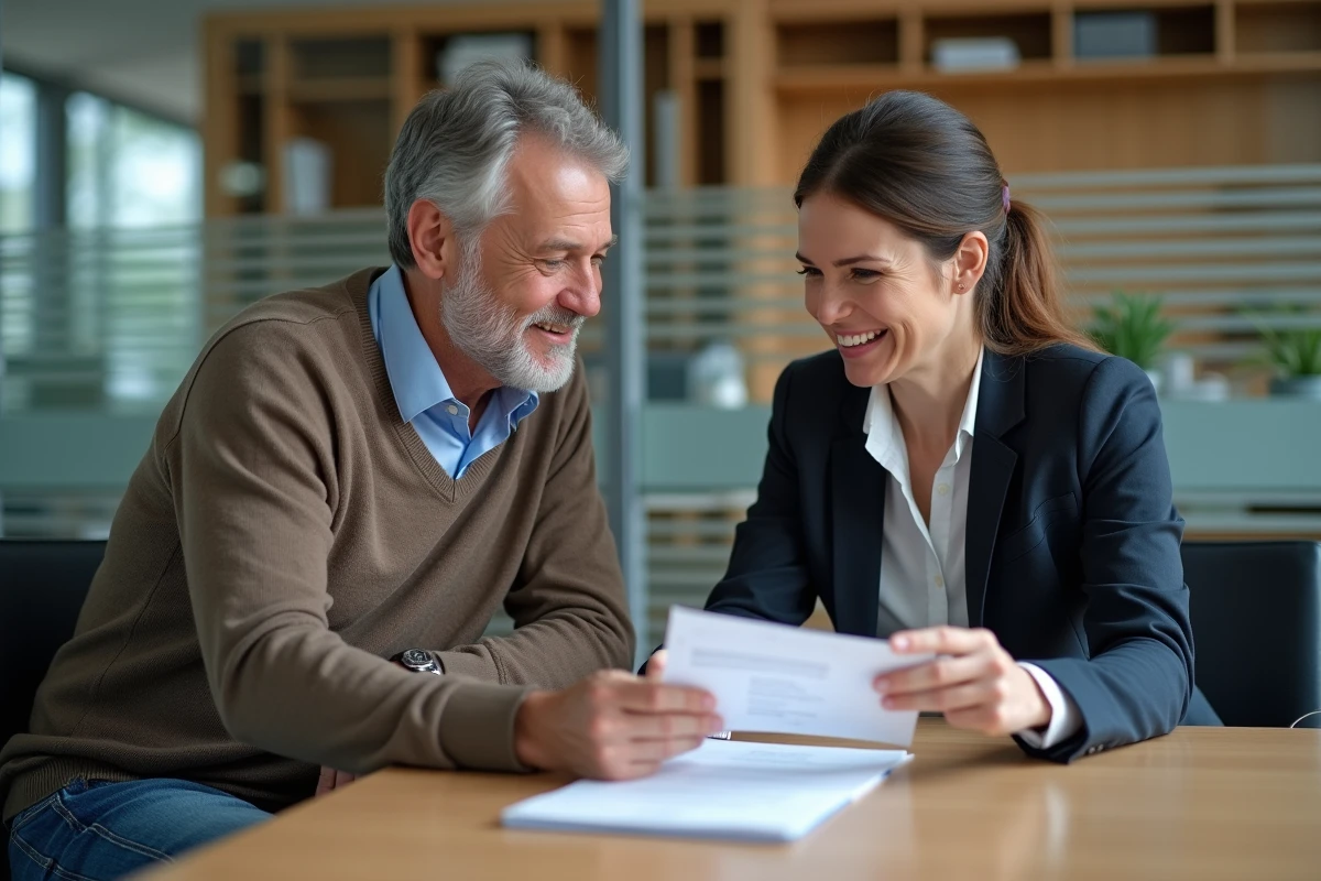 Homme et conseillère en prêt immobilier discutent au bureau