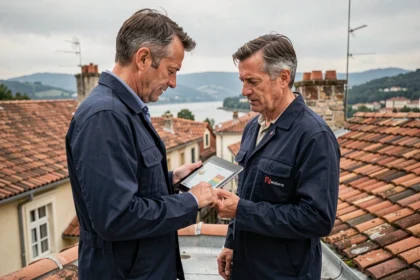 Technicien en rénovation énergétique consultant une tablette sur un toit lyonnais avec vue sur les toitures traditionnelles du Rhône
