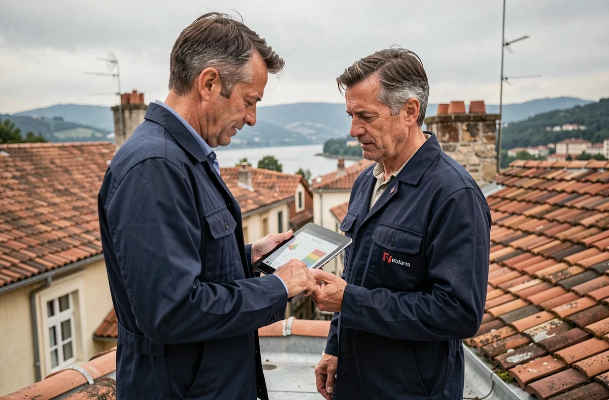 Technicien en rénovation énergétique consultant une tablette sur un toit lyonnais avec vue sur les toitures traditionnelles du Rhône