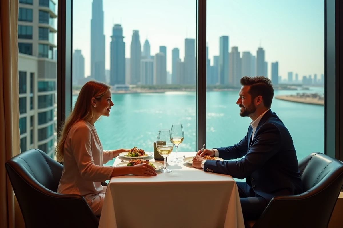 Couple dînant dans un restaurant panoramique de la tour Almas avec vue sur les lacs de Jumeirah Lakes Towers