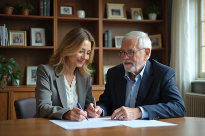 Femme d'âge moyen et homme âgé examinent des documents officiels