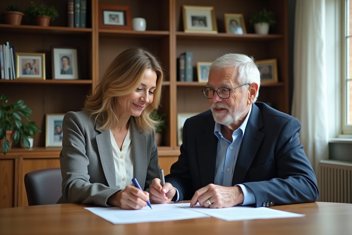 Femme d'âge moyen et homme âgé examinent des documents officiels