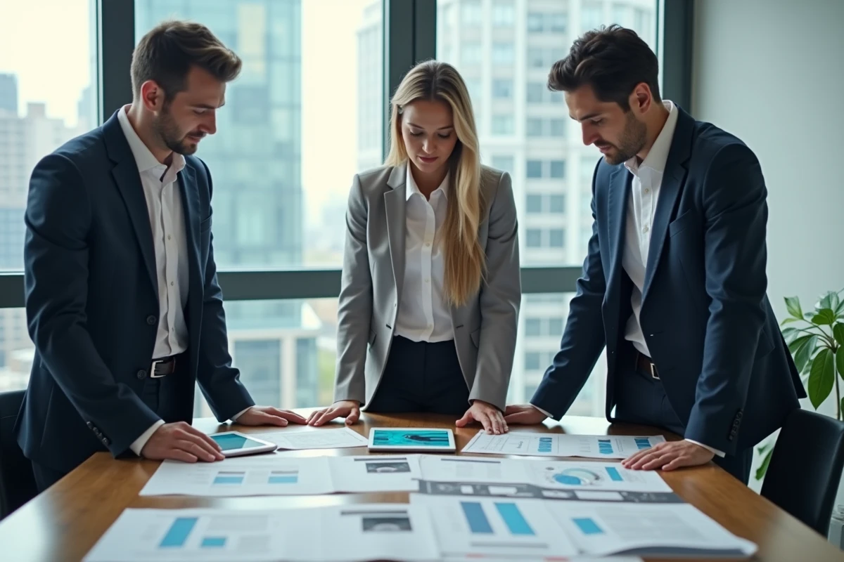 Groupe de professionnels discutant logiciel immobilier