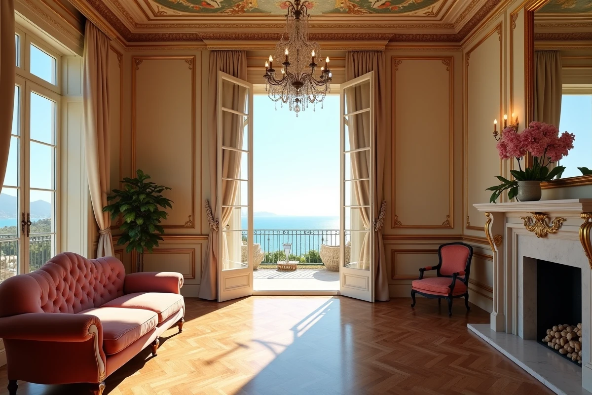 Salon intérieur d'une villa historique Belle Époque sur la Côte d'Azur avec parquet Versailles, moulures dorées et portes-fenêtres ouvertes sur la terrasse et la mer