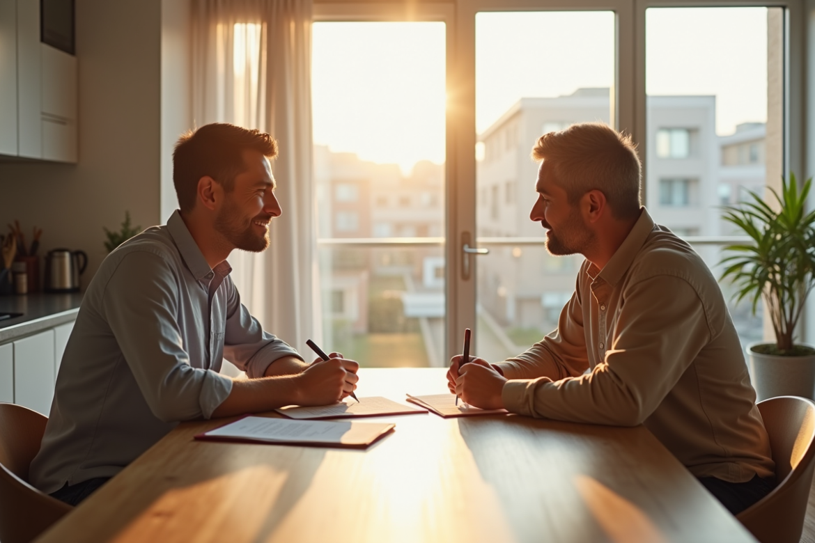 Locataire et propriétaire signent un contrat de location dans un appartement lumineux