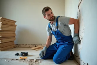Technicien en overalls bleus inspectant un mur endommagé par l'eau