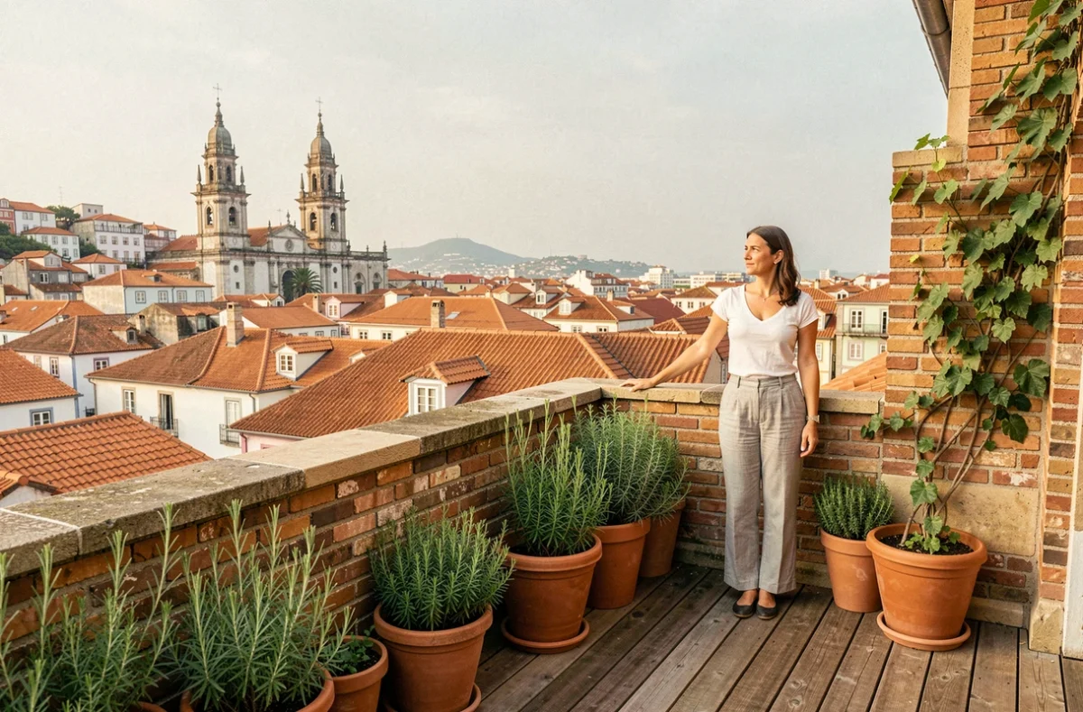 Femme contemplant le panorama des toits de Porto depuis une terrasse rénovée du quartier Bonfim, tour dos Clérigos visible au loin