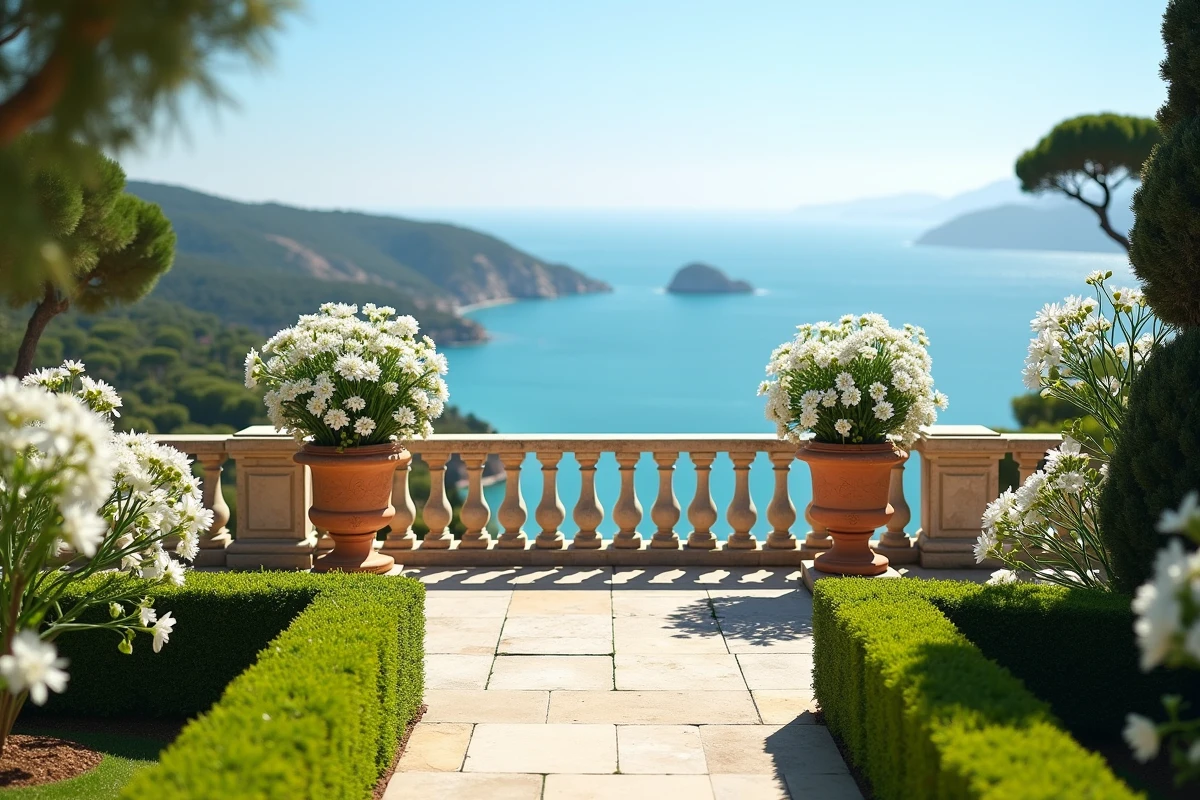 Terrasse de jardin à la française avec vue panoramique sur la baie azuréenne, balustrades en pierre et urnes de fleurs blanches typiques des grandes villas de la Riviera