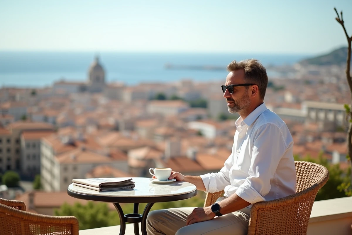 Terrasse de café sur un toit avec vue panoramique sur les toits de Marseille dans un quartier résidentiel chic