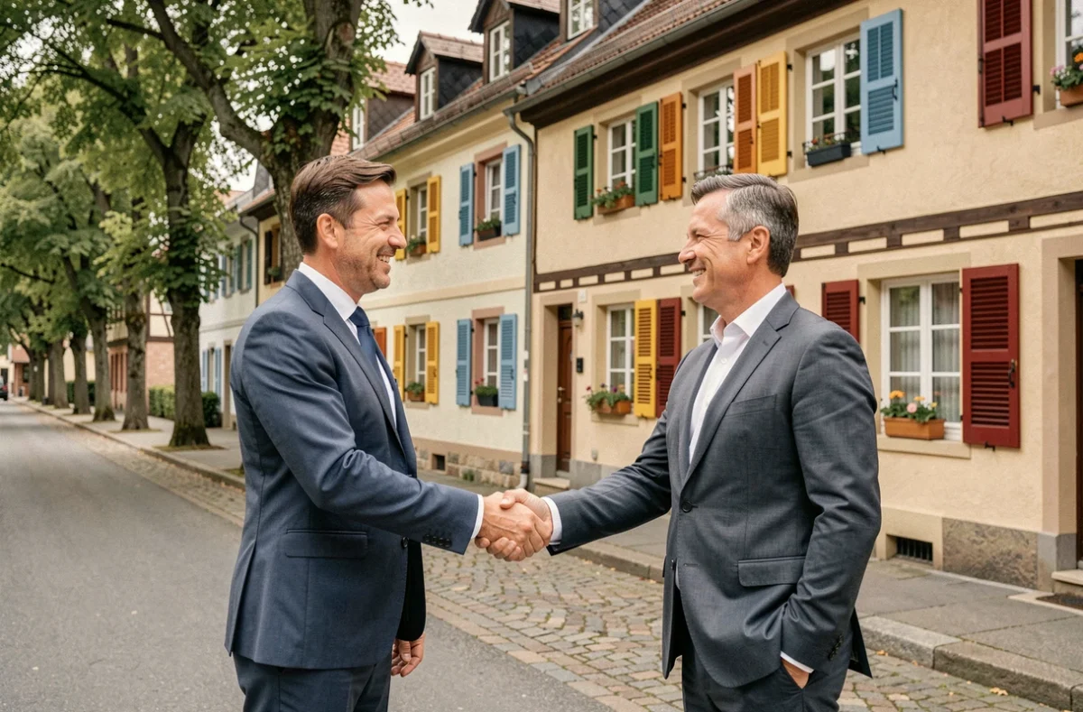 Agent de TOPIMMO Colmar Delattre serrant la main d'un client devant une maison alsacienne traditionnelle dans une rue résidentielle de Colmar