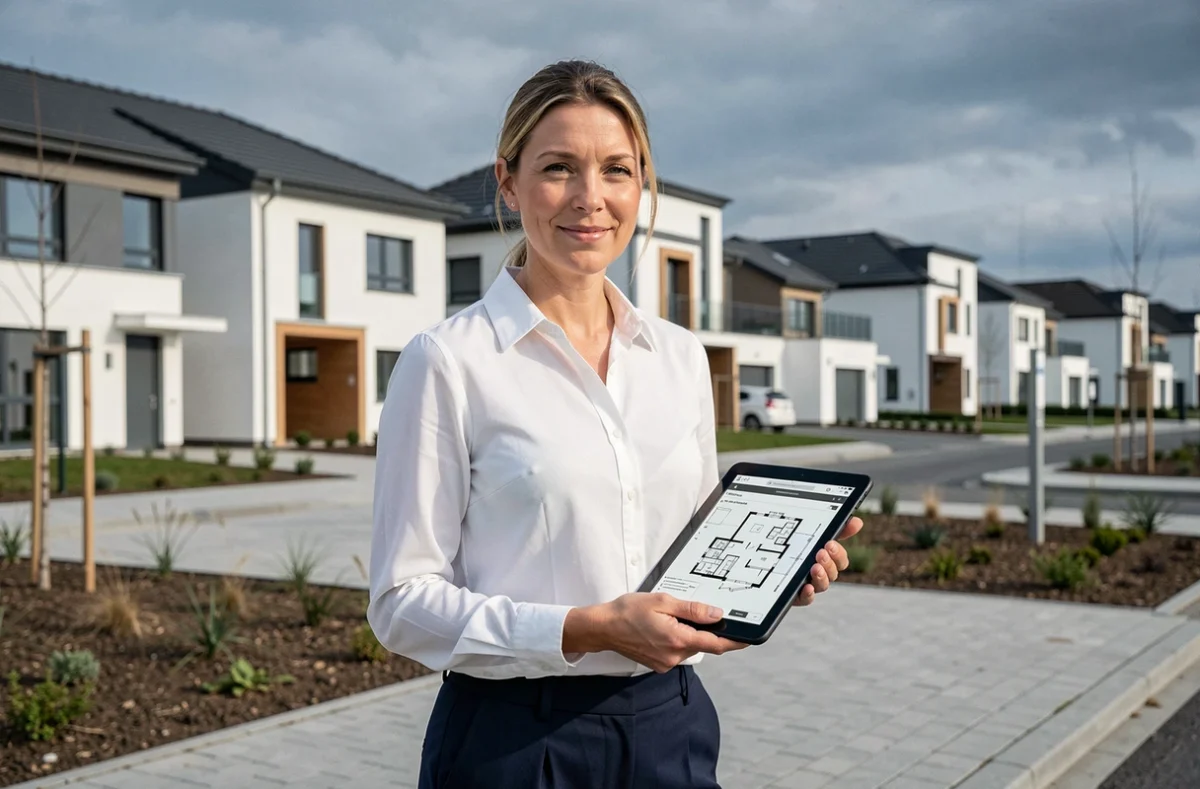 Agente de TOPIMMO Colmar Sud tenant une tablette avec des plans devant un programme immobilier neuf en périphérie de Colmar